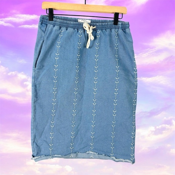 Polagram Blue Embroidered Denim Midi Skirt Elastic Tie Waist 28in VTG 90s look - Picture 5 of 10